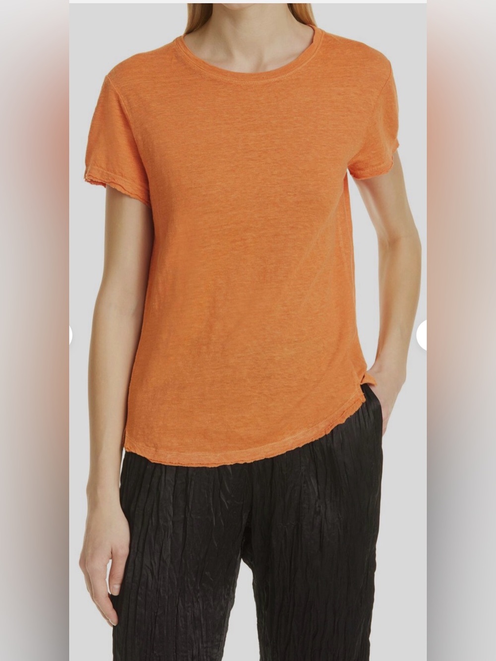 Frame Denim Slub Short-Sleeve Crewneck Tee in Bright Orange 100% organic linen